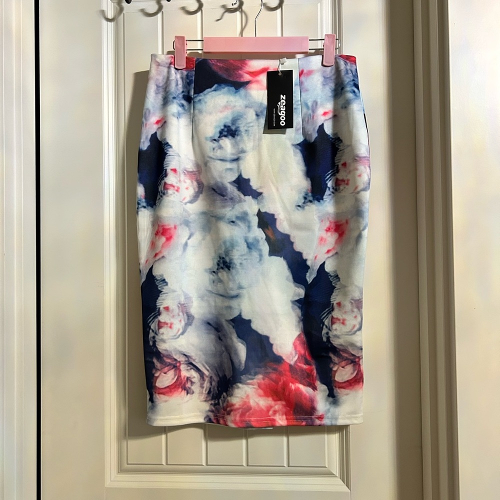 Zeagoo Floral Pencil Skirt - Navy and Pink